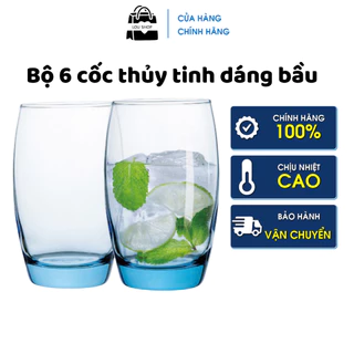 Bộ 6 cốc uống nước thủy tinh dáng bầu 390ml, Ly uống nước thủy tinh trong suốt miệng cốc rộng