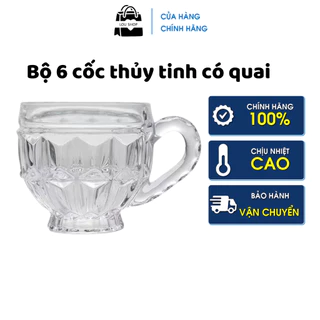 Bộ 6 cốc thủy tinh có quai dáng kim cương họa tiết nổi, Ly thủy tinh uống nước trong suốt, đế dày hàng loại 1