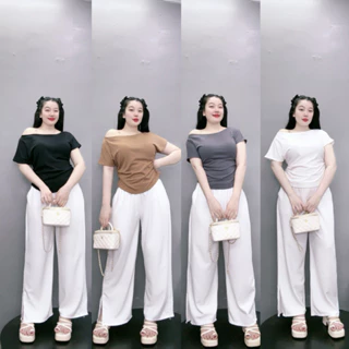 Áo thun Nhỏ Clothing bigsize nữ tay ngắn trễ vai một bên vạt bầu nhún eo chất vải gân tăm co giãn xinh xắn G215