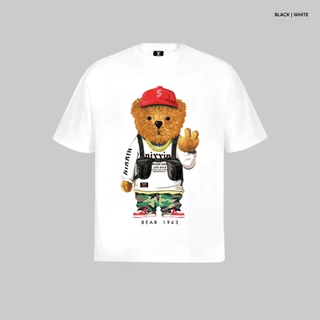 Áo Phông Hè Tay Ngắn Nam Nữ In 5D Phối Gấu Mũ Đỏ Chào Hi, Fom Đứng Nam Nữ Sành Điệu Thoáng Khí 2024