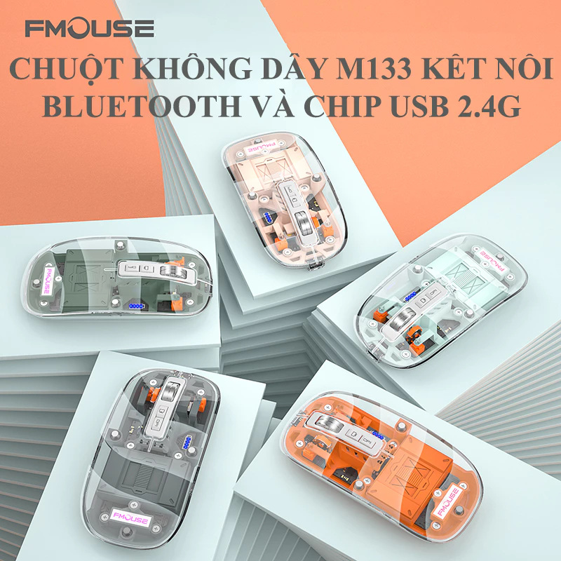 Chuột không dây FMOUSE M133 kết nối Bluetooth và USB 2.4G thiết kế trong suốt độc lạ