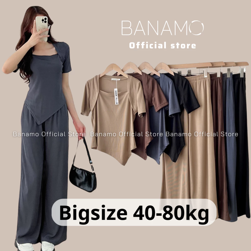 Set nữ Banamo Fashion bộ áo thun tăm cổ vuông ngắn tay kèm quần culottes 1913