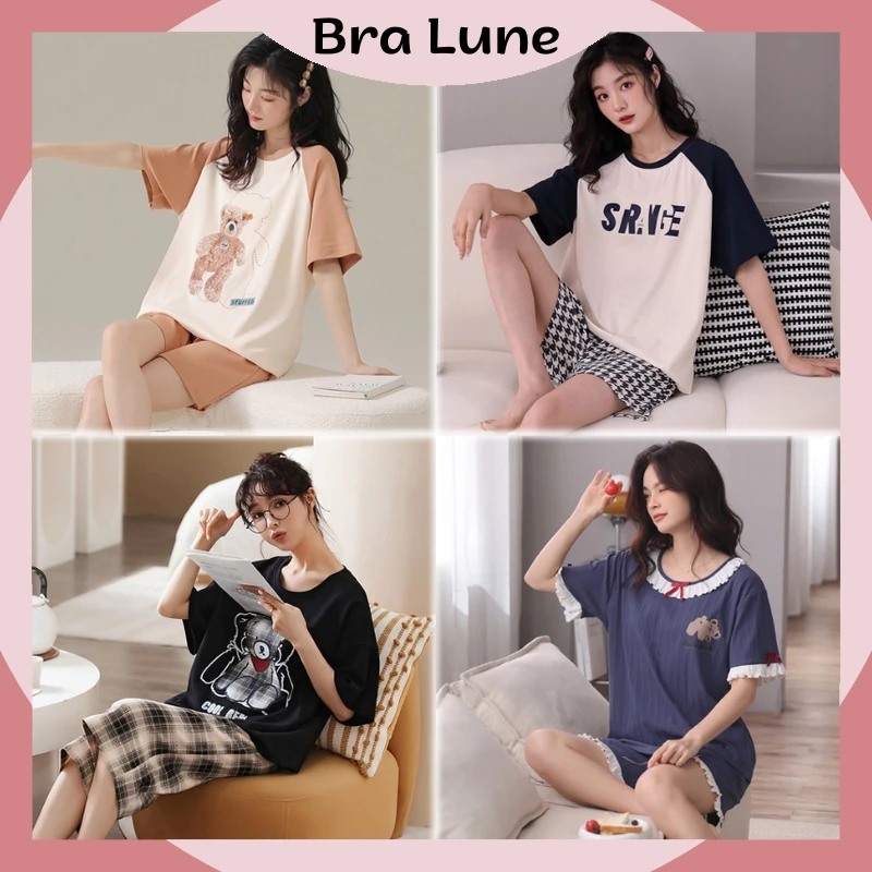 Bộ Đồ Ngủ Nữ Tay Ngắn Họa Tiết Gấu Bông BRALUNE, Đồ Ngủ Nữ Cotton Pyjama Thoáng Mát PJ-2009