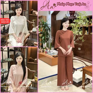 Bộ lam đi chùa nữ chất linen thêu hoa sen tay lỡ cổ tròn - Pháp Phục Tuệ An