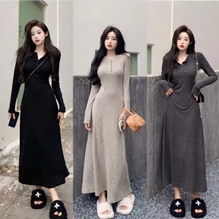 Đầm len dáng dài thu đông Đầm len gân dáng xoè nhẹ dài cúc cổ phong cách Hàn Quốc Hot Hit Basic