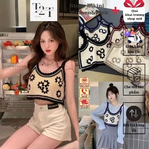 Áo 2 Dây Crotop Đan Tay Phối Hoa Siêu Xinh Phối Áo Sơ Mi, Thời Trang Mùa Hè Mới