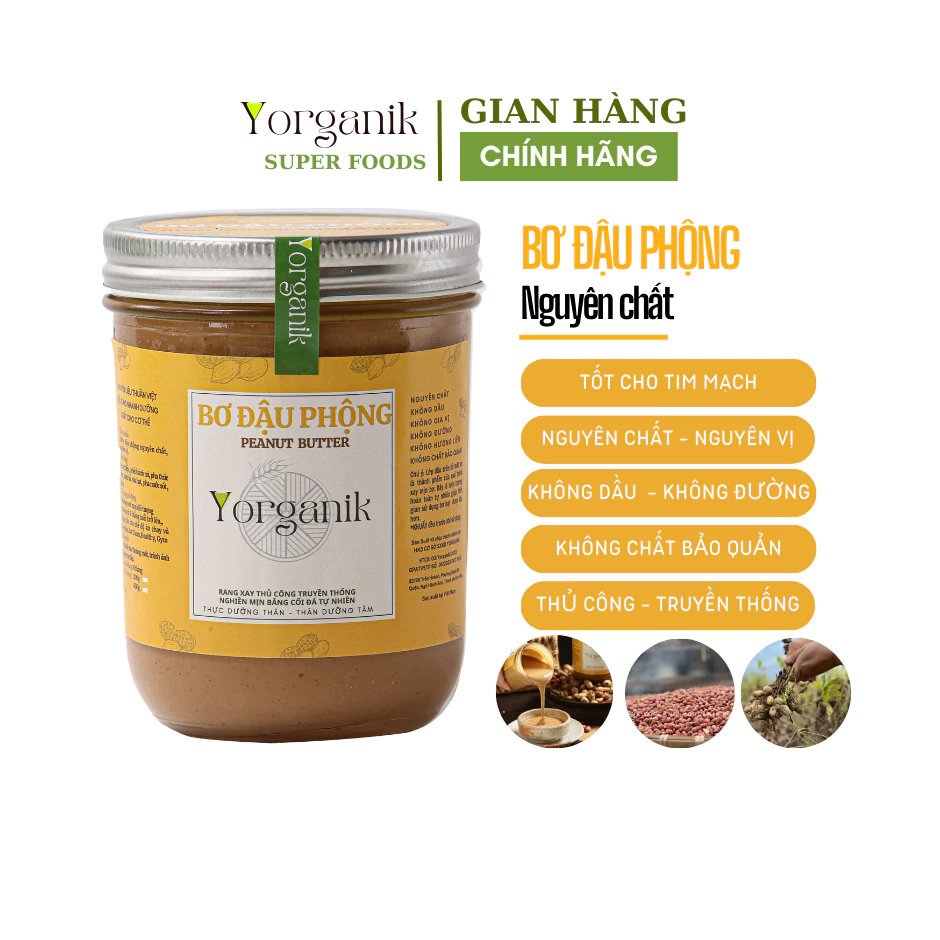 Bơ Đậu Phộng Thủ Công Không Đường Nguyên Chất Thuần Chay Yorganik - Hủ 450g/200g