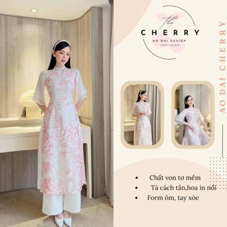 Áo dài cách tân Tường Vân chất von tơ 4 tà họa tiết in nổi, tay loe 2 tầng - Áo dài Cherry