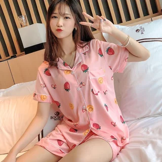 Đồ Bộ Pijama Đùi Mặc Nhà Cho Nữ Hàng Hot Họa Tiết Trái Dâu - PJ03, Đồ Ngủ Lụa Cộc Tay Thoáng Mát, Thoải Mái (Size M-2XL)