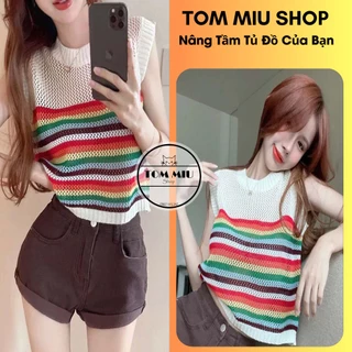 Áo len croptop phối kẻ sọc màu sát nách hàng QC TOMMIU SHOP