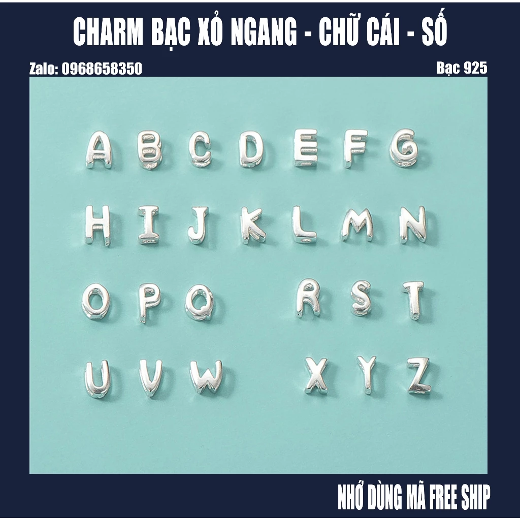 [S925] Charm bạc xỏ ngang hình chữ cái