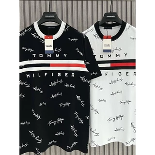 Áo phông nam nữ Tommy Hilfiger in vạch sọc đen trắng đỏ chữ kí quanh áo. Áo Thun Unisex Form Unisex Siêu Hot 2024