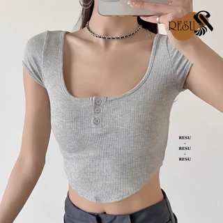 Áo Croptop Trơn Vạt Bầu Ôm Body Cổ Vuông Tròn Tay Ngắn, Áo Thun Ôm Kiểu Sexy Basic Dễ Phối RESU