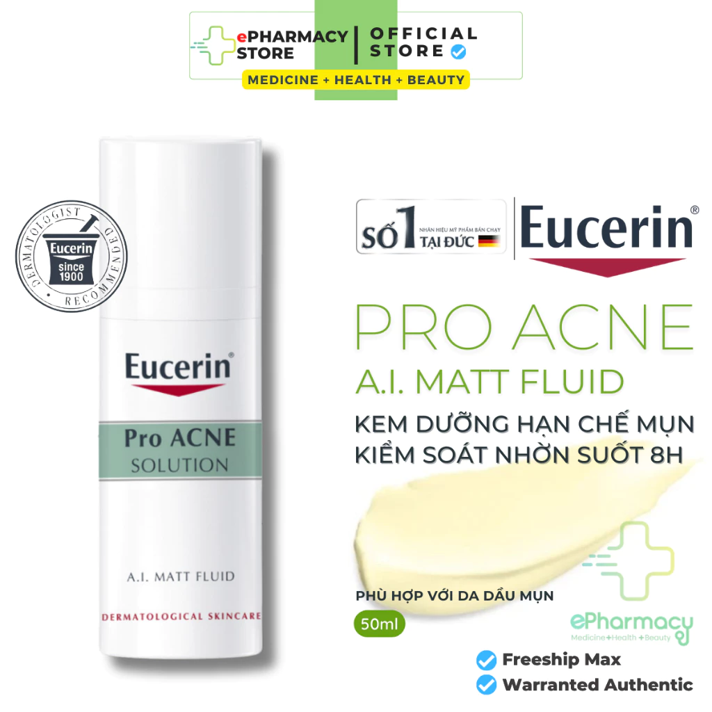 Kem dưỡng ẩm EUCERIN Pro Acne A.I Matt Fuild cho da dầu, ngừa mụn 50ml