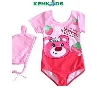 Sét bơi Kem Kids lièn thân họa tiết gấu dâu cho bé đi bơi, đi biển. bộ đò bơi bé gái 8-18kg