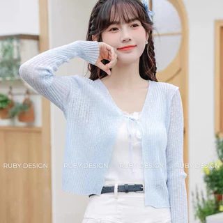 Áo khoác len nữ , áo khoác nữ cardigan dệt kim mỏng CỘT DÂY DÀI TAY chống nắng dáng croptop phong cách Hàn quốc - RUBY