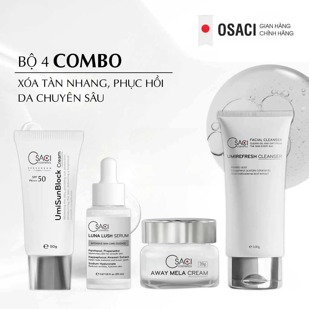 Combo bộ 4 Mờ nám tàn nhang chống lão hoá phục hồi da giảm nếp nhăn dưỡng trắng da Osaci Luna&Away&UmiClean&UmiBlock