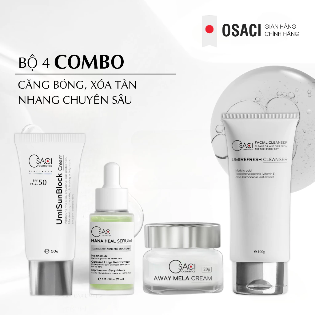 Bộ 4 sản phẩm dưỡng da giảm nếp nhăn chống lão hóa, làm trắng căng bóng da chuyên sâu Hana&Away&UmiClean&UmiBlock