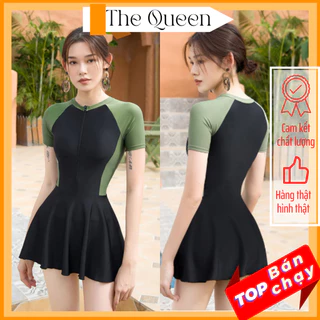 Bikini liền thân đồ bơi nữ váy đi biển áo tay cọc có khóa kéo cổ tròn xinh xắn The Queen 081