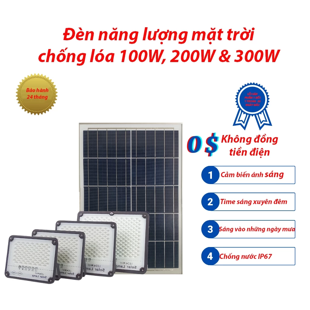 Đèn năng lượng mặt trời chống lóa cao cấp 300W, 200W, 100W vỏ nhôm