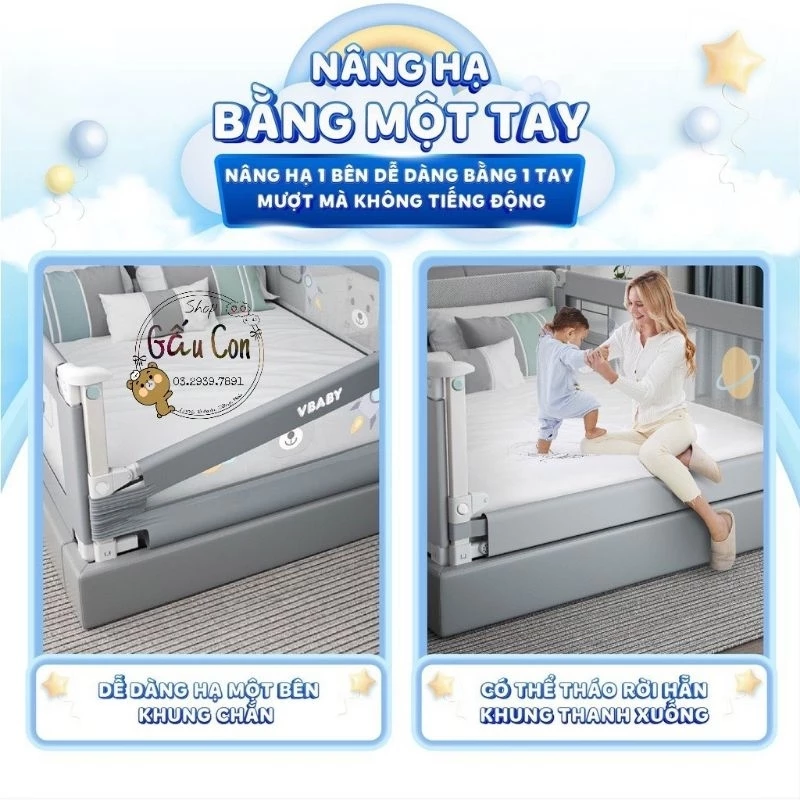 Thanh chắn giường 2024 V-baby N1S/N2 nâng hạ 1 bên. [1 thanh 1 mặt]