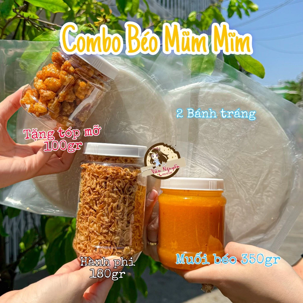Combo bánh tráng MUỐI BÉO MŨM MĨM TẶNG TÓP MỠ. Bánh tráng vân nguyễn 500gr Bánh tráng phơi sương,1 hủ muối béo