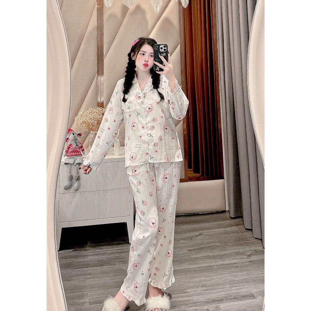 Bộ pijama ngủ nữ bộ mặc nhà áo tay dài quần dài chất xốp gân freesize 40-65kg - CHUN'S SLEEPWEAR