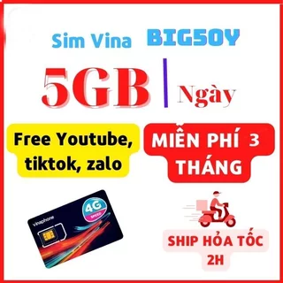 Sim 4G mạng Vinaphone gói 5GB/ngày 3gb/Ngày gói /Big50y/D89Y/D219 dùng miễn phí 3 tháng đến 12 tháng