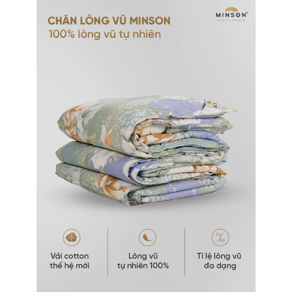 Ruột Chăn Lông Vũ Tự Nhiên Thương Hiệu MINSON, Màu Xanh Họa Tiết, Lông Ngỗng 80/20, Siêu Nhẹ, Siêu Thoáng, Siêu Mềm Mại