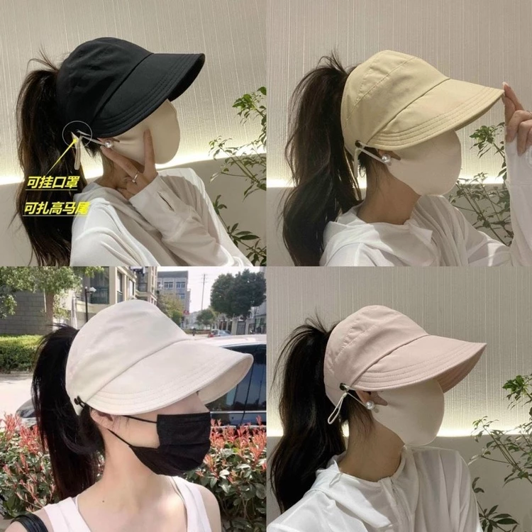 Mũ chống nắng nửa đầu Hàn Quốc, nón vành rộng có móc đeo khẩu trang, mũ chống nắng buộc tóc đuôi ngựa.
