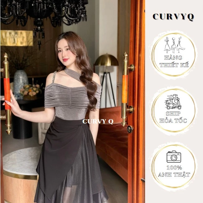 bst1.24 Áo Trễ Vai Nhúng Ghi Đá Dây Đá Thời Trang Thiết Kế Nữ CurvyQ