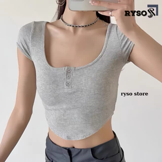 Áo Croptop Trơn Vạt Bầu Ôm Body Cổ Vuông Tròn Tay Ngắn, Áo Thun Ôm Kiểu Sexy Basic Dễ Phối RYSO