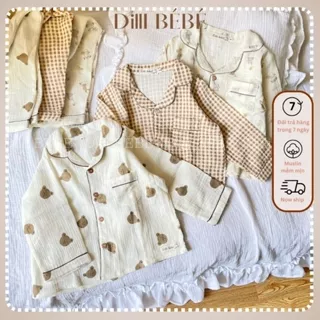 Đồ bộ ngủ áo quần Pijama tay dài quần dài cho bé trai bé gái trẻ em sơ sinh vải Muslin Gấu Mini - Dilli Bebe