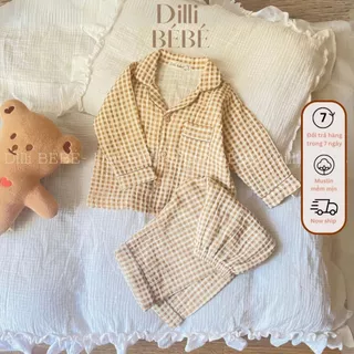 Đồ bộ ngủ áo quần Pijama tay dài quần dài cho bé trai bé gái trẻ em sơ sinh vải Muslin Caro Nâu - Dilli Bebe