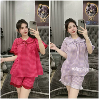 Bộ pijama Bộ mặc nhà ÁO CỘC-QUẦN ĐÙI hoạ tiết KẺ CARO-CỔ TRÒN viền bèo kèm dây buộc nơ chất liệu đũi mềm,mát cho nữ (40-