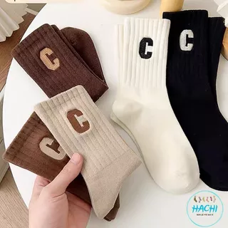 Tất vớ trơn cổ cao họa tiết chữ C phong cách Hàn Quốc cotton co dãn 4 chiều HACHI