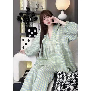 Đồ ngủ Pjyama caro xốp áo babydoll lai viền bèo cổ tim tay dài phối quần dài hàng đẹp có sẵn! BEXU90 SHOP