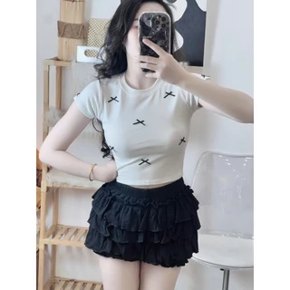 Áo thun croptop đính nơ xinh xắn dễ thương