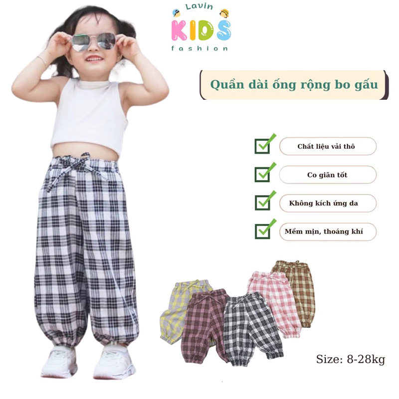 Quần dài bo gấu hoạ tiết caro cho bé gái, size 8-28kg
