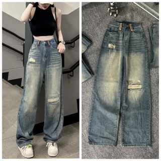 Quần jeans nữ ống rộng lưng cao rách gối màu bụi cá tính, Quần bò suông hack dáng phối đai kiểu mới hottrend