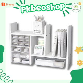 Kệ sách để bàn bằng gỗ đa năng Pkbeoshop giá sách màu trắng có thể tháo rời lắp ghép dễ dàng tiện lợi