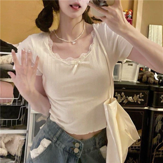 ÁO THUN CROPTOP VIỀN REN ĐÍNH NƠ NHỎ NHẮN ĐÁNG YÊU R874