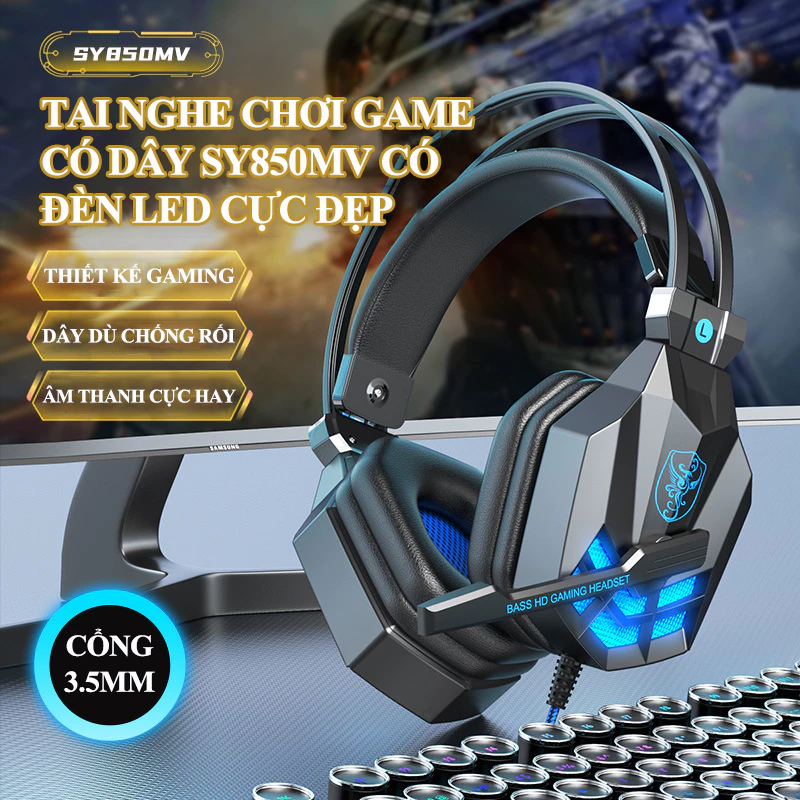 Tai nghe chơi game SY-850MV kết nối có dây bằng cổng AUX 3.5mm thiết kế gaming kèm theo đèn led với âm thanh sống động