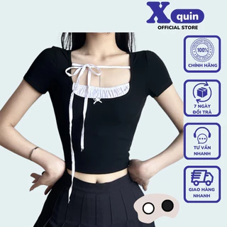 Áo croptop nữ ngắn tay cổ U phối màu tương phản cột nơ phong cách tiểu thư, Áo kiểu nữ ôm body chất gân tăm dày dặn