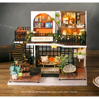 Mô hình nhà gỗ DIY-Tiệm trà Momo đã bao gồm mica che bụi