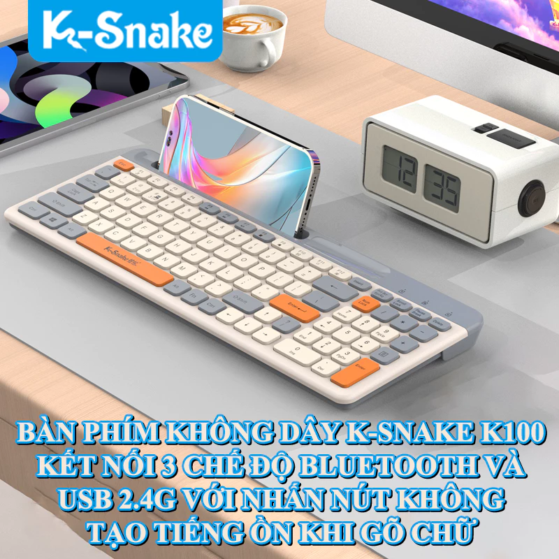 Bàn phím không dây K-SNAKE K100 kết nối không dây 3 chế độ Bluetooth và USB 2.4G thiết kế 100 phím phối màu hiện đại với