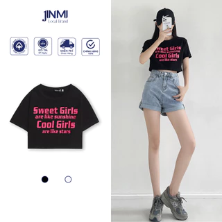 Áo thun Croptop Jinmi in chữ hồng COOL GIRLS nổi bật JM14