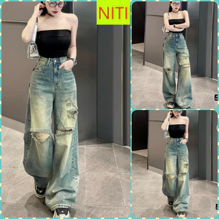 [ORTD5645] QUẦN JEANS ỐNG RỘNG NỮ LƯNG CAO RÁCH 3 MẢNG LOANG VÀNG BỤI BẶM SIÊU CHẤT CÁ TÍNH LAI CUỐN HOT