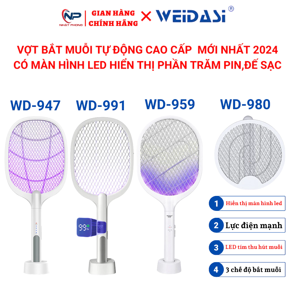 Vợt muỗi thông minh tự động kiêm đèn thu hút muỗi WEIDASI-991,9947 sạc tích điện, vợt bắt muỗi thông minh cao cấp để bàn