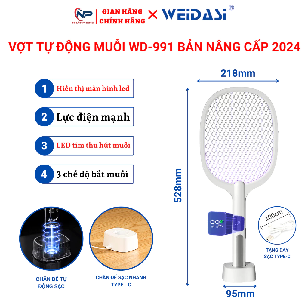 Vợt muỗi thông minh tự động kiêm đèn bắt muỗi WD-991 sạc tích điện hiển thị phần trăm pin mà hình led cao cấp để bàn